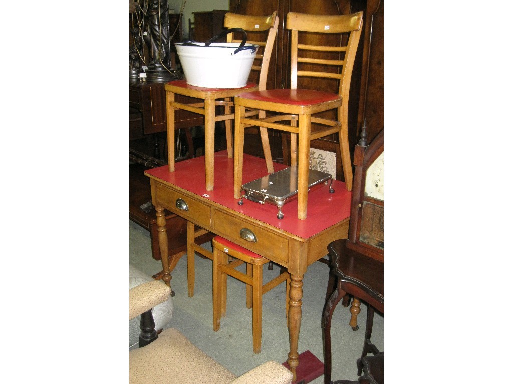 Appraisal: Lot comprising kitchen table pair stools pair chairs food warmer