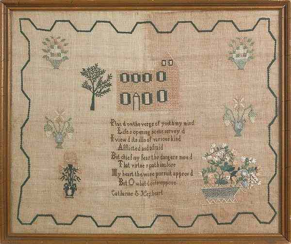 Appraisal: Pennsylvania silk on linen sampler th c wrought by Catherine