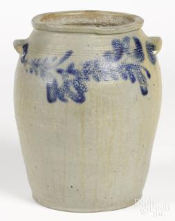 Appraisal: Three-gallon stoneware crock th c with cobalt floral decoration ''