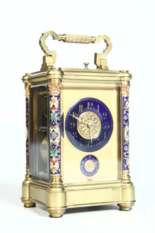 Appraisal: ENAMELED CARRIAGE CLOCK Brass frame with beveled glass panels and