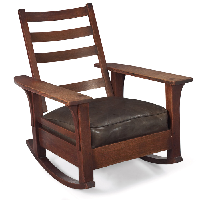 Appraisal: L and JG Stickley rocker open-armform with thru-post construction andcorbel