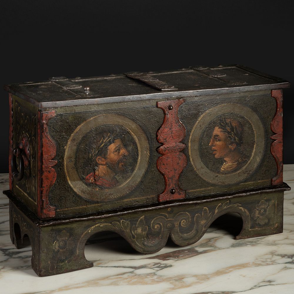 Appraisal: Continental Polychrome-Painted Steel Strongbox Possibly Italian Decorated with two profile