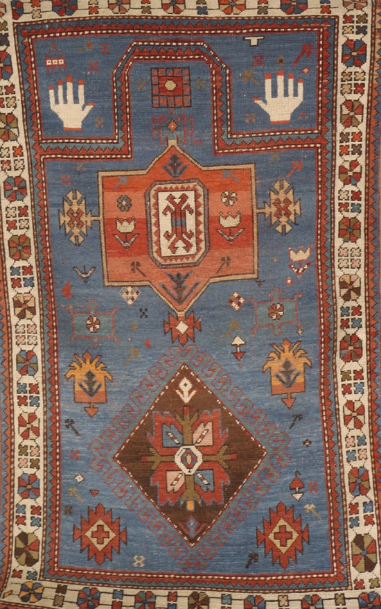 Appraisal: Kazak Prayer Rug Circa Within prayer arch shaded blue ground