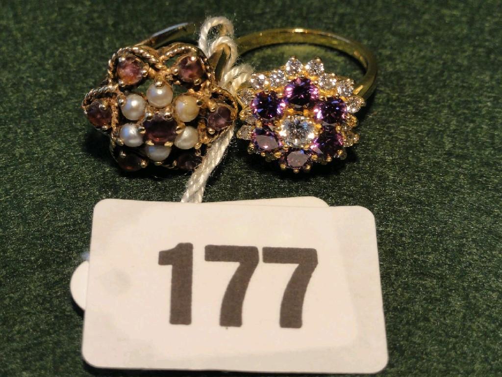 Appraisal: Two ct gold rings with amethyst diamond and pearl settings