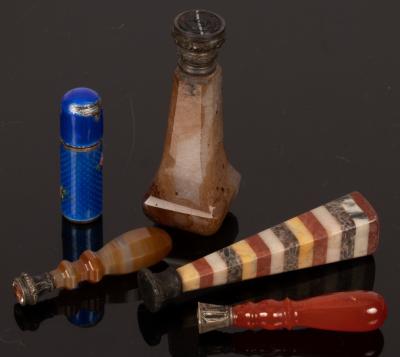 Appraisal: A guilloch enamel cylindrical scent bottle and four agate and