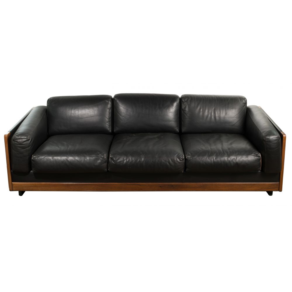 Appraisal: LEATHER -CUSHION SOFAHaving black leather cushioned seats backs and arms