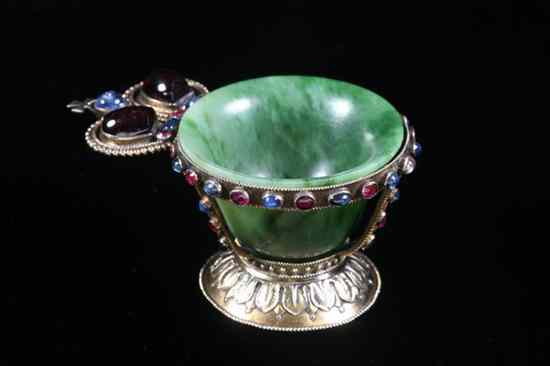 Appraisal: RUSSIAN SILVER-GILT AND GEMSTONE-MOUNTED NEPHRITE CHARKA N N Zverev St