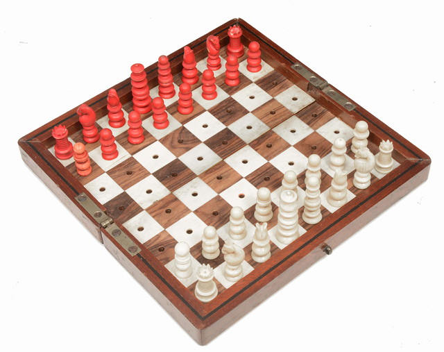 Appraisal: AN ANTIQUE MAHOGANY CASED TRAVELLING CHESS SET the case opening