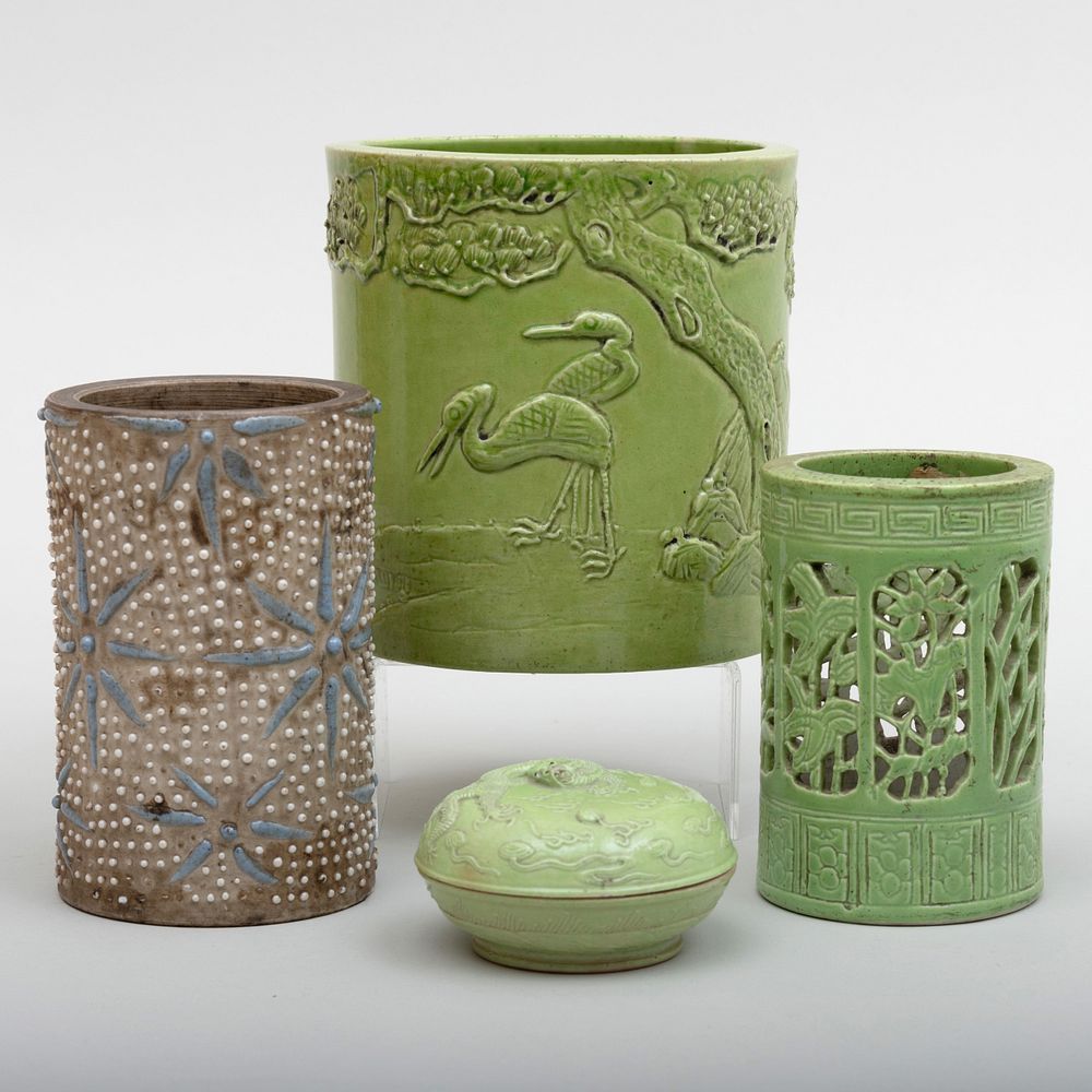 Appraisal: Three Chinese Porcelain Brush Pots and a Seal Paste Box