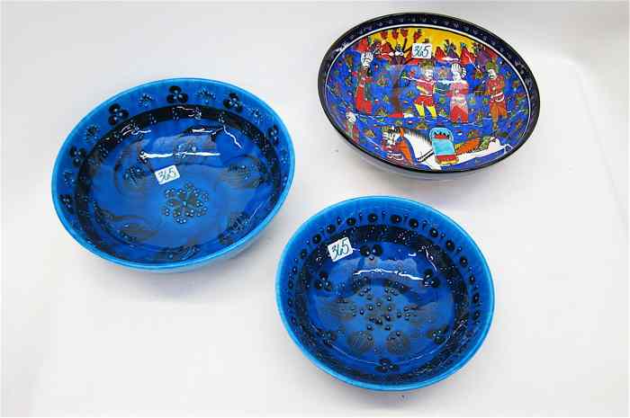 Appraisal: THREE TURKISH PORCELAIN BOWLS one enameled with landscape having horse