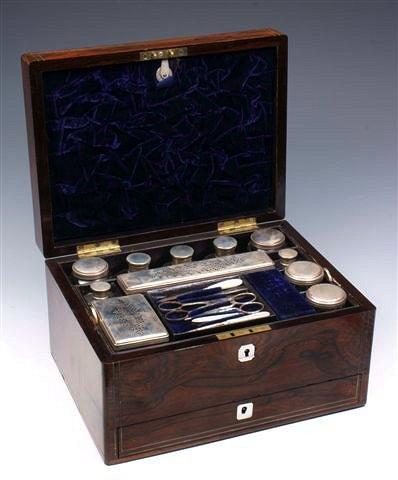 Appraisal: A VICTORIAN ROSEWOOD VANITY CASE with mother of pearl and