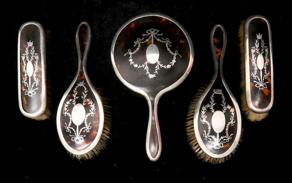 Appraisal: A LONDON STERLING SILVER DRESSER SET DATED Tortise inlaid with