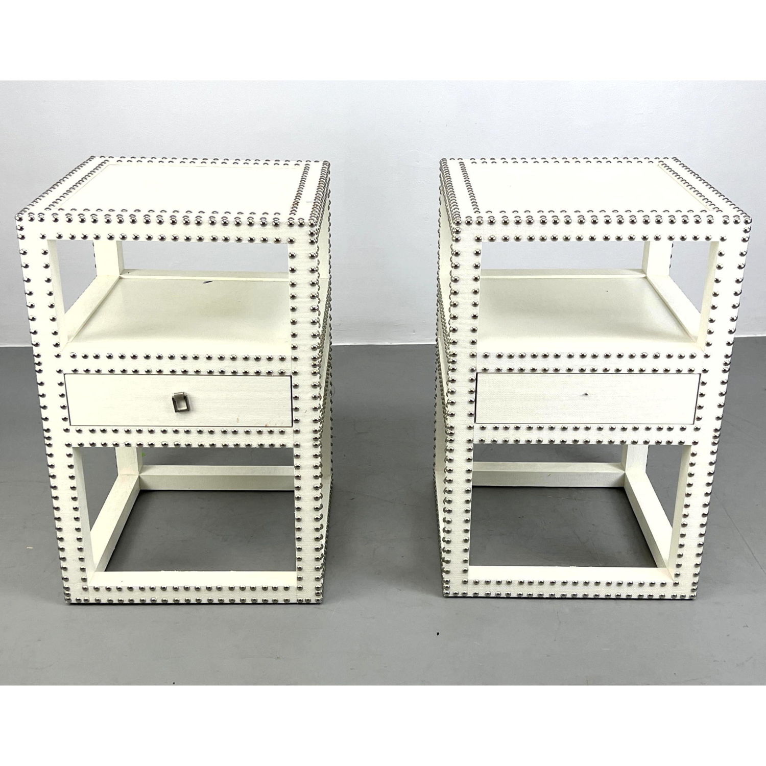 Appraisal: Pr White Finish Grass Cloth Side End Tables Chrome Tack