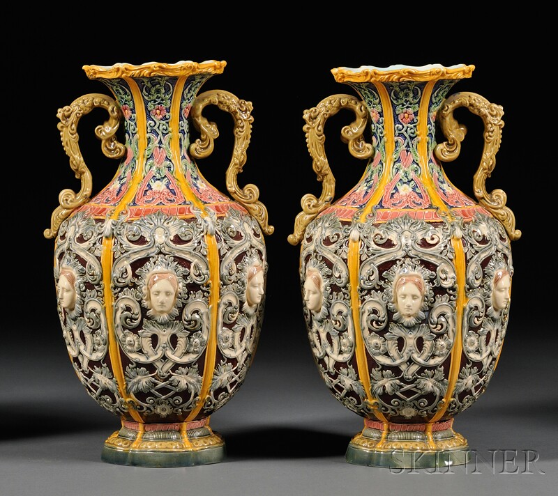 Appraisal: Pair of Copeland Renaissance-style Majolica Vases England late th century