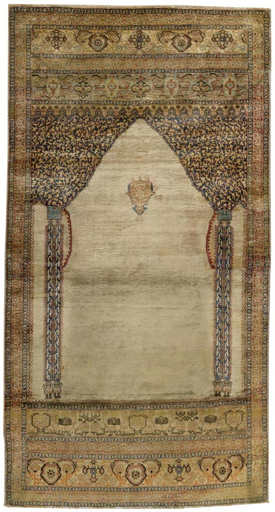 Appraisal: TABRIZ SILK antique Beige mihrab with dark spandrels the border