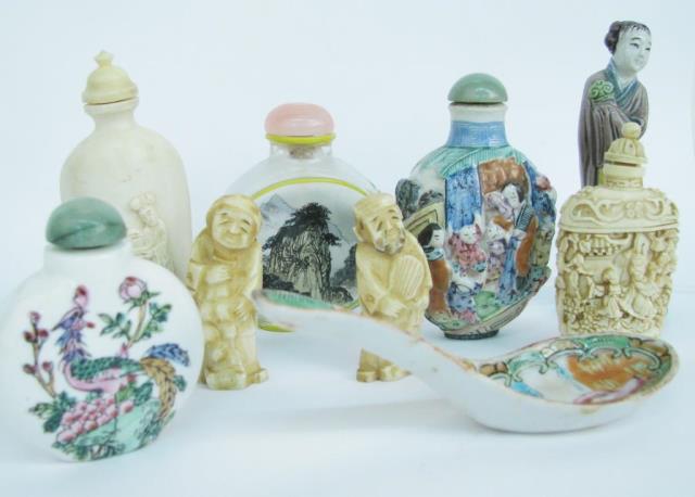 Appraisal: Two hand-painted porcelain snuff bottles one hand painted glass snuff