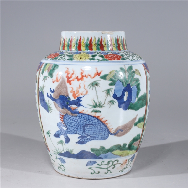 Appraisal: Chinese wucai glazed porcelain jar with qilin and floral designs