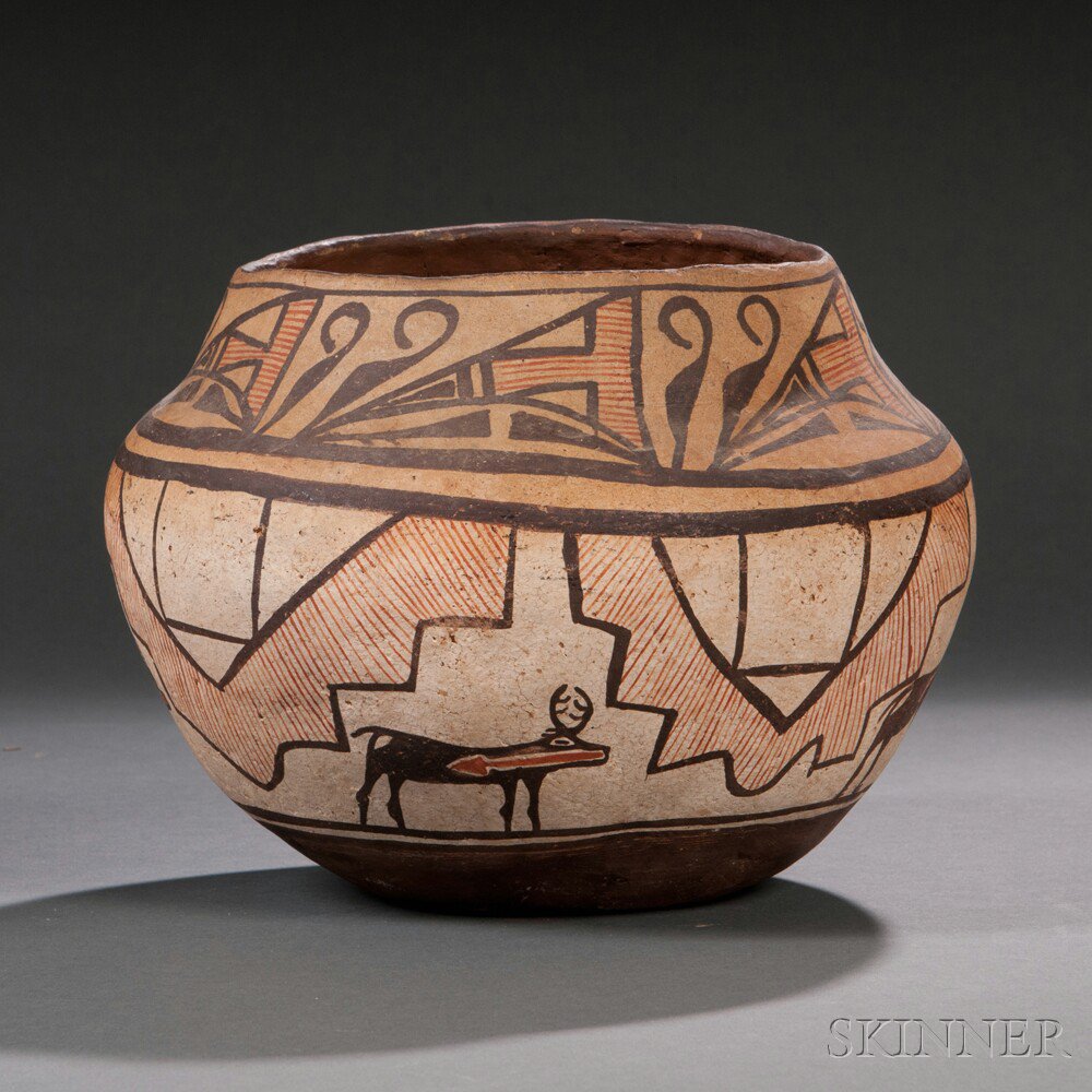 Appraisal: Zuni Polychrome Pottery Jar c with a stepped arch design