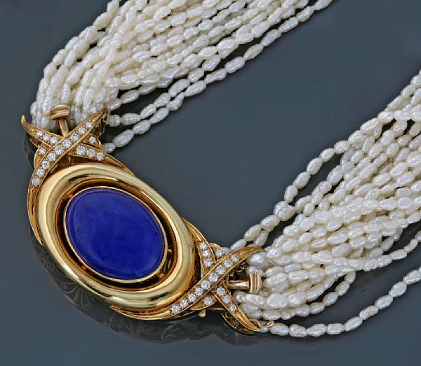 Appraisal: A multi-strand freshwater cultured pearl lapis diamond and gold necklace