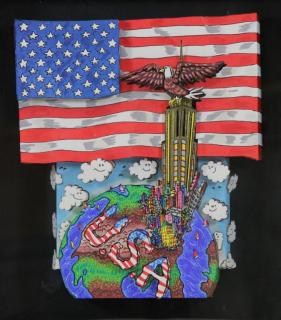 Appraisal: FAZZINO Charles -D Acrylic on Canvas America Flag Shields the