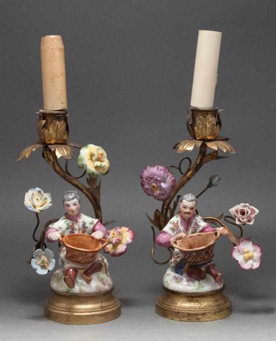 Appraisal: Pair of French gilt-metal candlestick lamps with chinoiserie porcelain figures