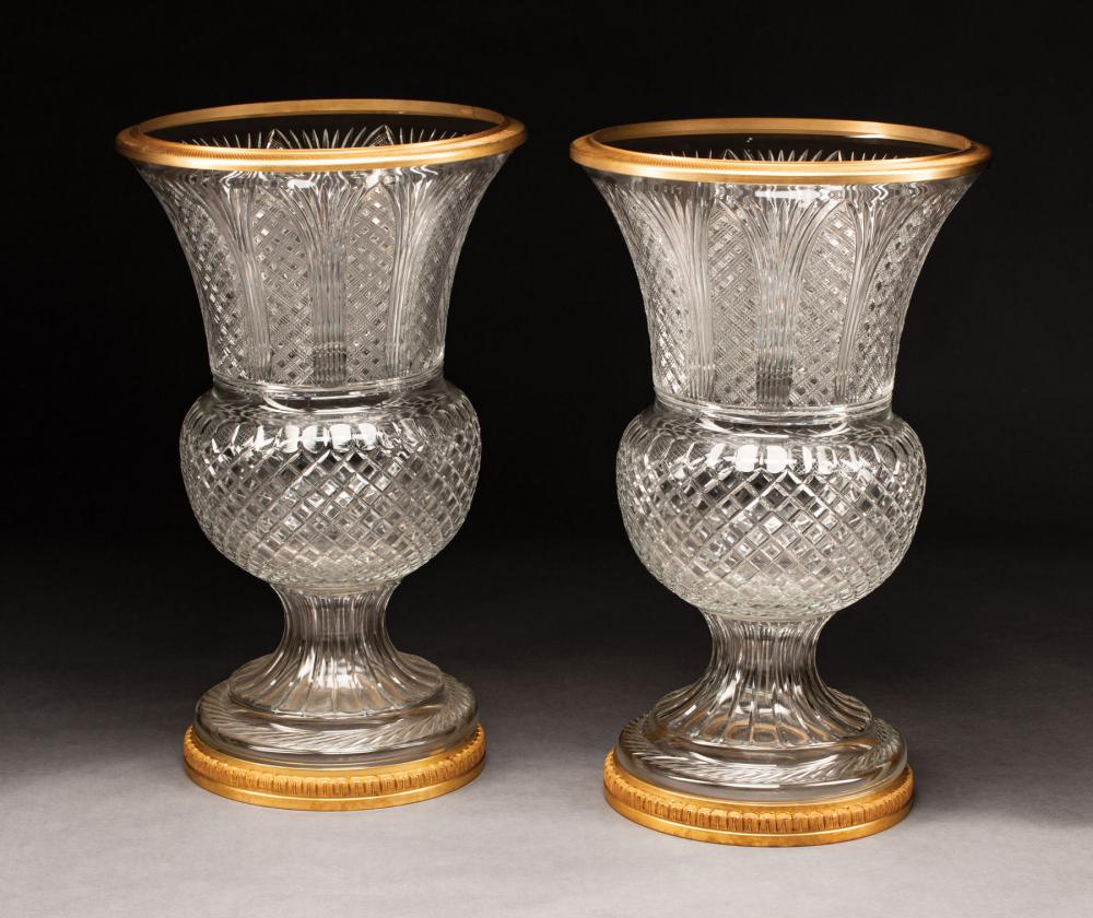 Appraisal: Pair of Large Continental Gilt Bronze-Mounted Cut Glass Urns th