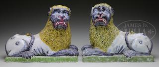 Appraisal: PAIR OF LUNEVILLE FAIENCE RECUMBENT LIONS PAIR OF LUNEVILLE FAIENCE