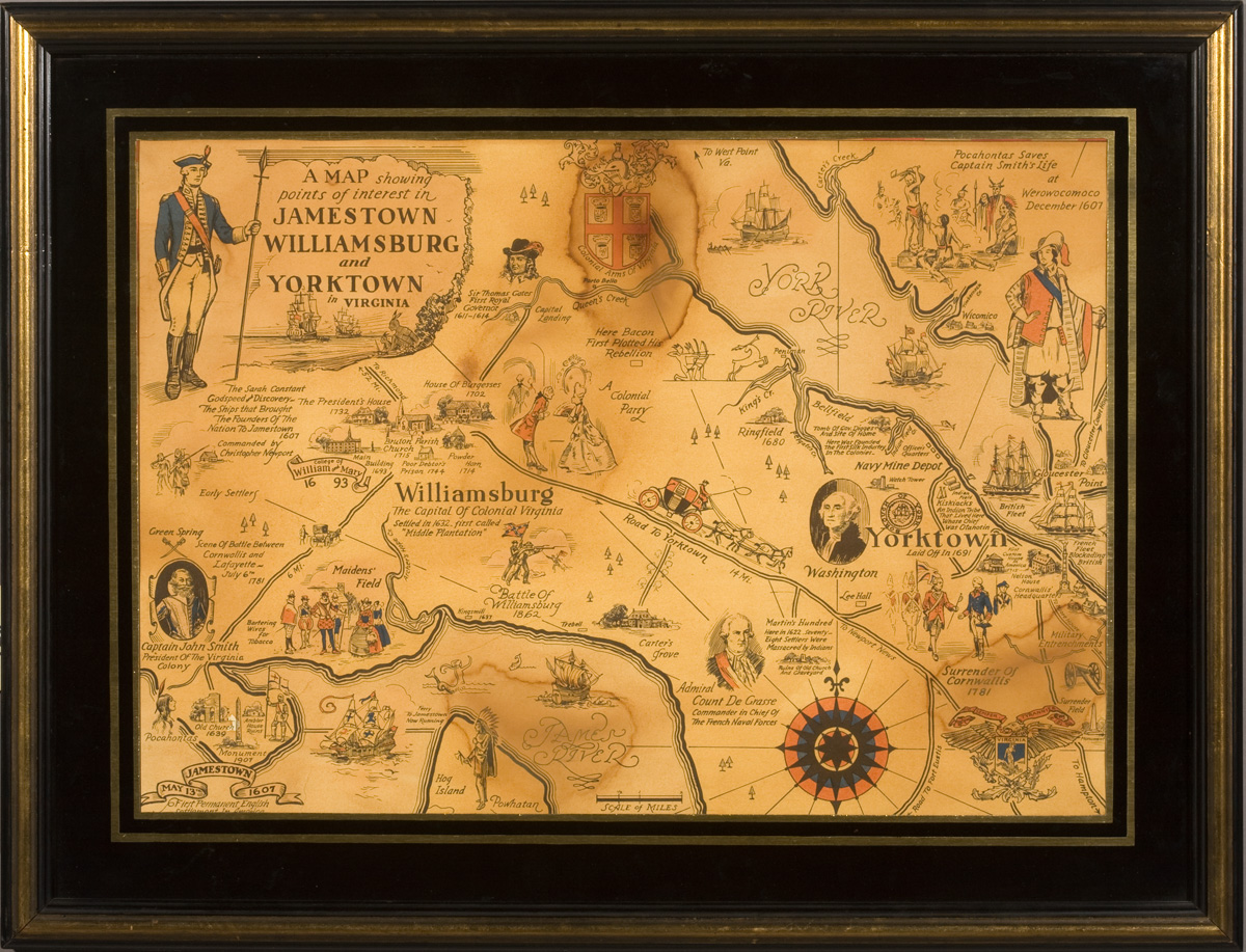 Appraisal: FRAMED MAP SHOWING POINTS OF INTEREST IN JAMESTOWN WILLIAMSBURG AND