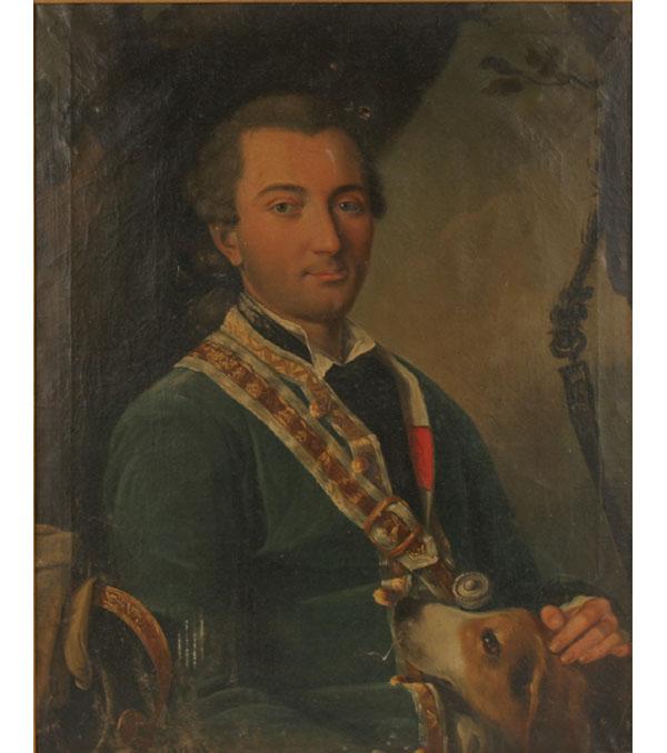 Appraisal: Portrait of th century French hunter with embroidered patchbox powder