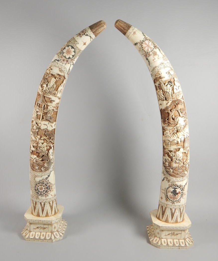 Appraisal: An unusual pair of early thC Japanese bone tusks with