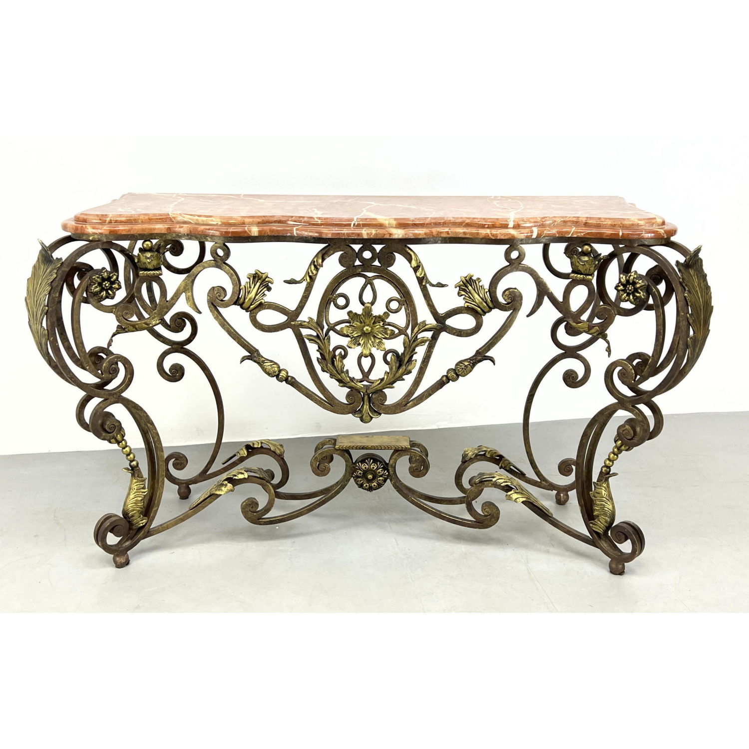 Appraisal: Elegant Continental Brass Marble Console Table Shaped rouge marble top