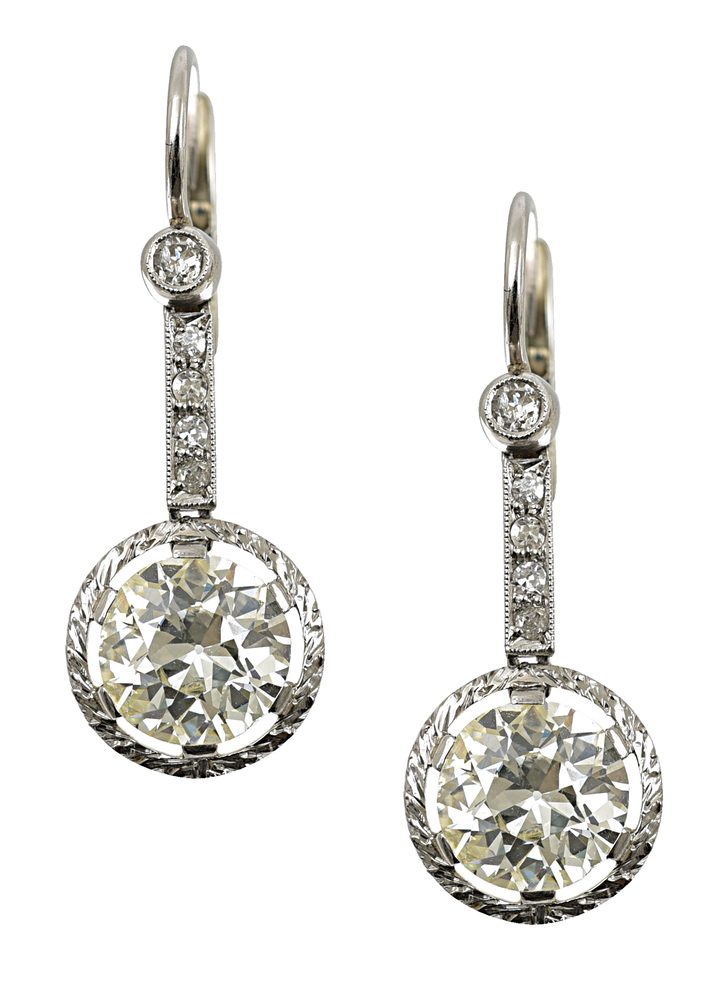 Appraisal: A PAIR OF DIAMOND DROP EARRINGS Each set with an