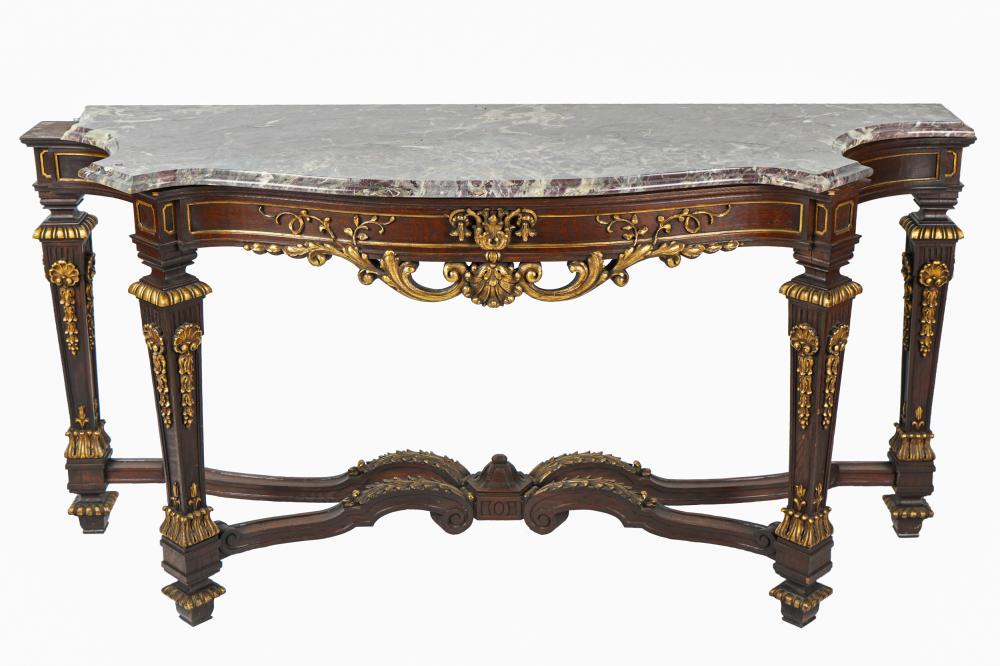 Appraisal: LOUIS XVI STYLE GILTWOOD STAINED OAK CONSOLE TABLEwith a marble