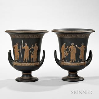 Appraisal: Pair of Wedgwood Encaustic Decorated Black Basalt Calyx Krater Urns