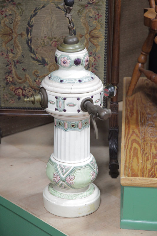 Appraisal: CERAMIC BEVERAGE DISPENSER Majolica-type soda fountain dispenser with tap in