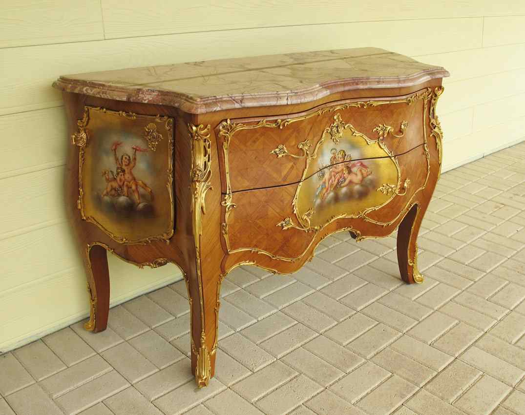 Appraisal: FRENCH MARBLE TOP PAINTED ORMOLU MOUNTED COMMODE Variegated and shaped