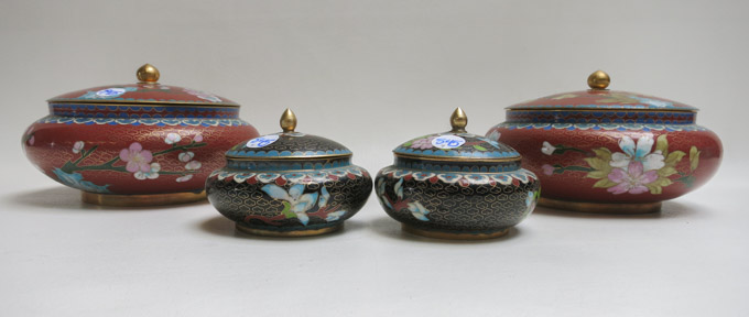 Appraisal: TWO PAIRS CHINESE CLOISONNE COVERED BOWLS each squat form ring