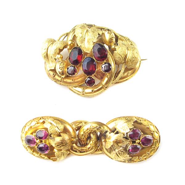 Appraisal: A collection of two gemstone and gold brooches