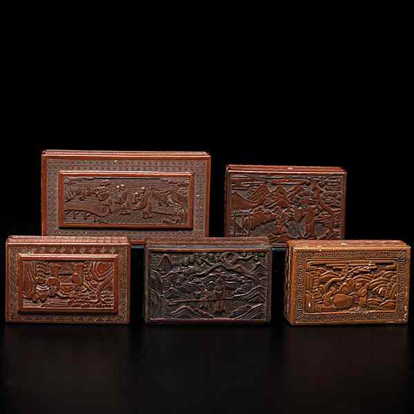 Appraisal: Chinese Cinnabar Boxes Chinese th century Five lidded cinnabar boxes