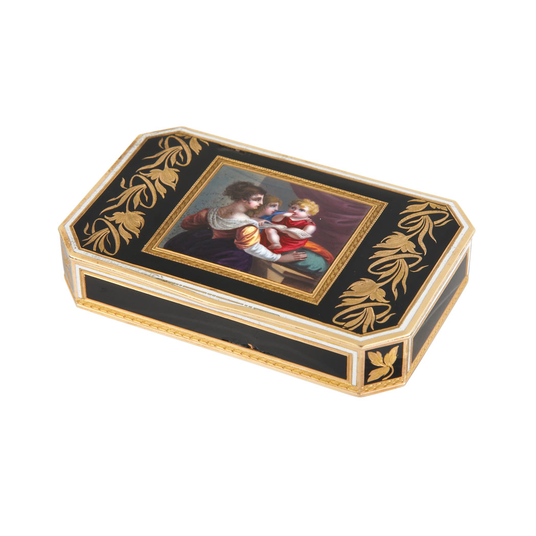 Appraisal: Gold Black Enamel and Painted Porcelain Snuff Box The gold