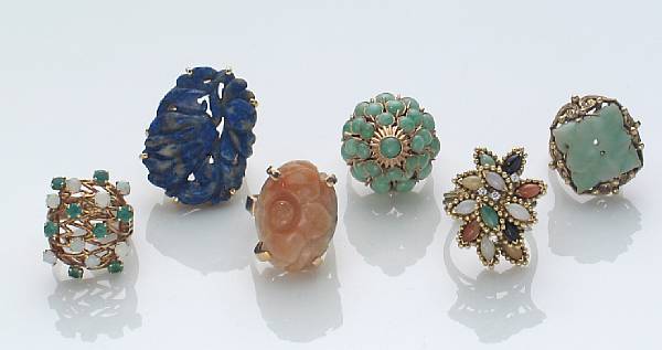 Appraisal: A collection of six gem-set and gold rings gross weight