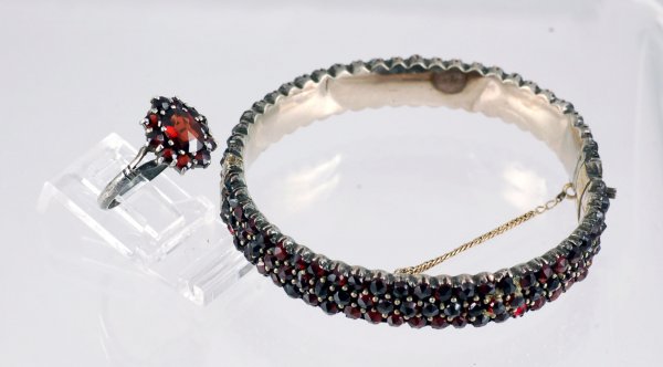 Appraisal: Victorian garnet bangle bracelet and ring Both in silver Bracelet