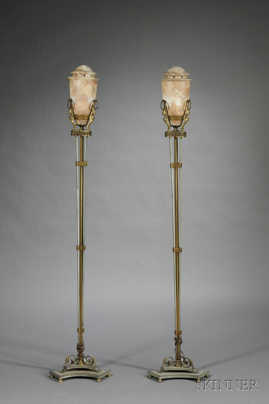 Appraisal: Pair of Art Deco Bronze Steel and Alabaster Torchieres c