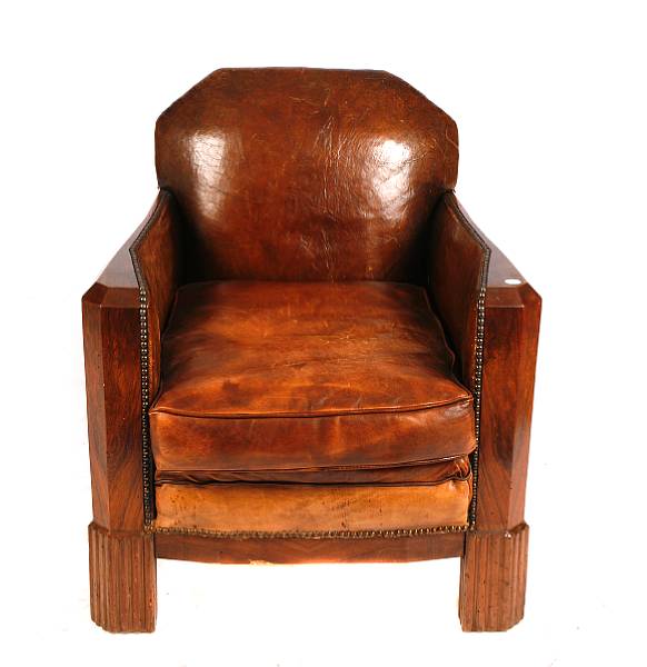 Appraisal: A pair of French Art Deco leather and walnut tole