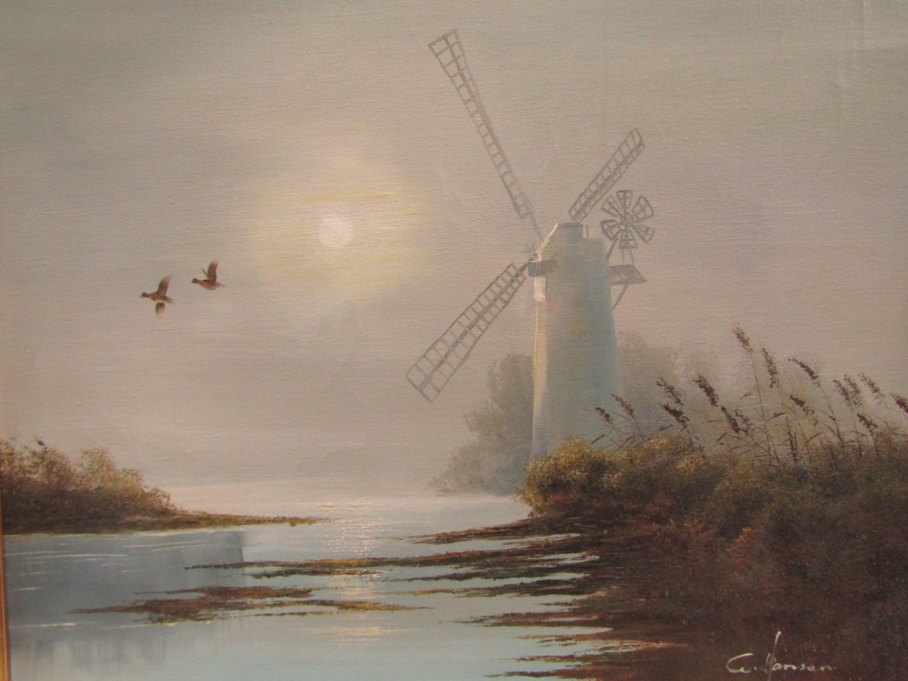 Appraisal: W Hansen thC Riverscape with windmill bull rushes and flying