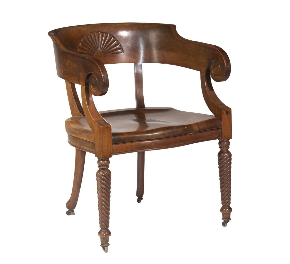 Appraisal: MAHOGANY ARMCHAIR Finely Crafted Armchair with fan carved back scrolled