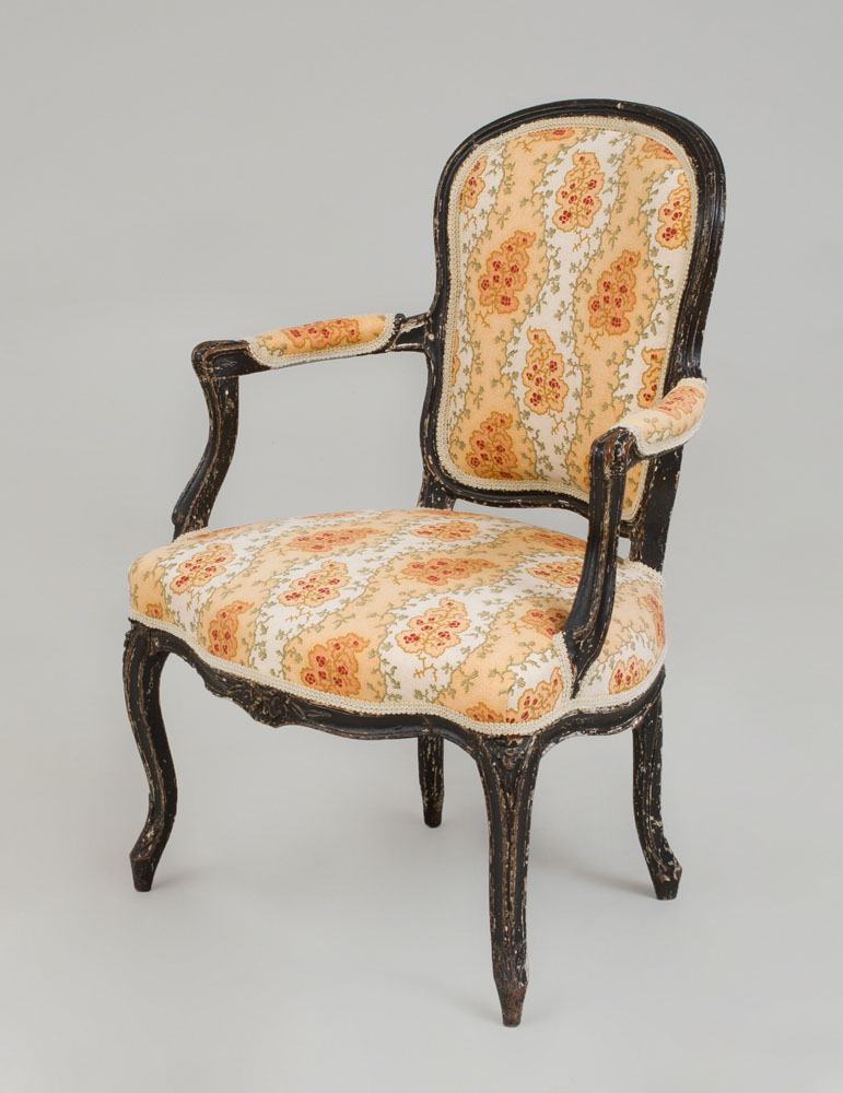 Appraisal: LOUIS XV BLACK PAINTED FAUTEUIL EN CABRIOLET Upholstered in a