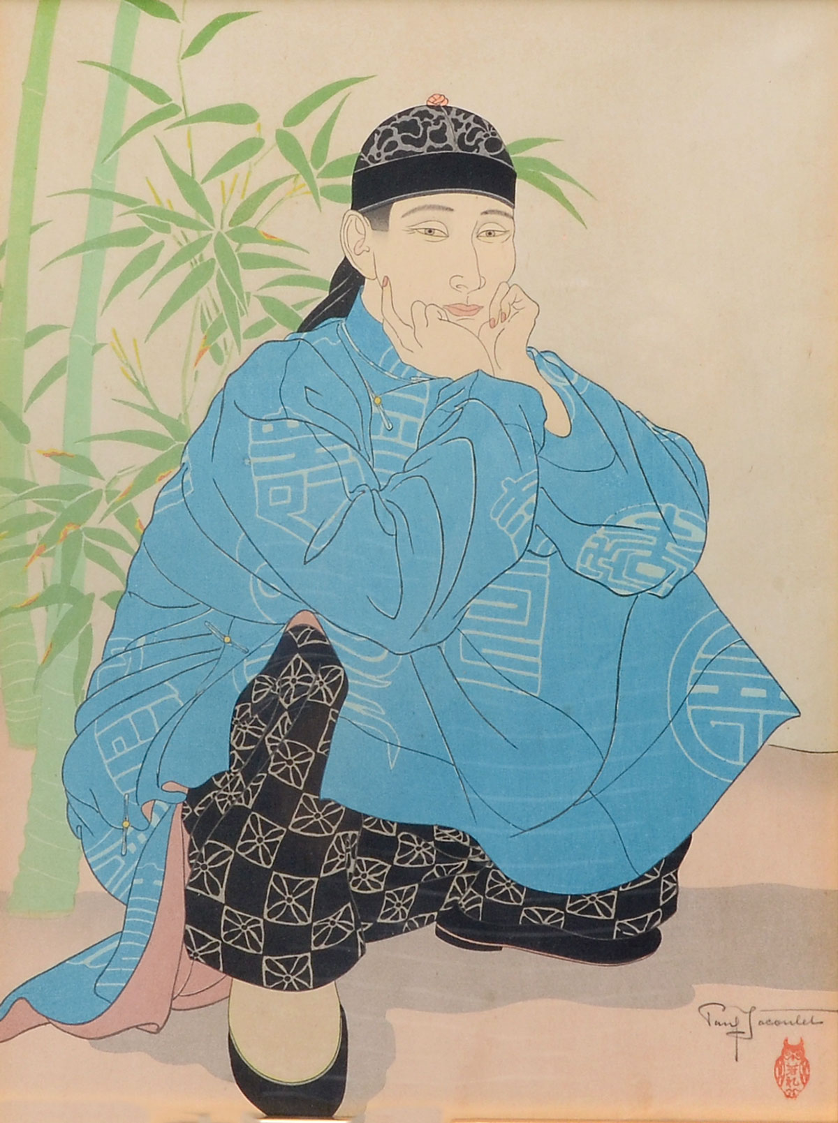 Appraisal: JACOULET Paul French - Oriental Man in Blue Squatting Japanese