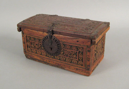 Appraisal: Spanish carved pine and wrought iron strongbox late th c