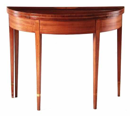 Appraisal: Hepplewhite inlaid mahogany card table circa hinged D-shaped top with